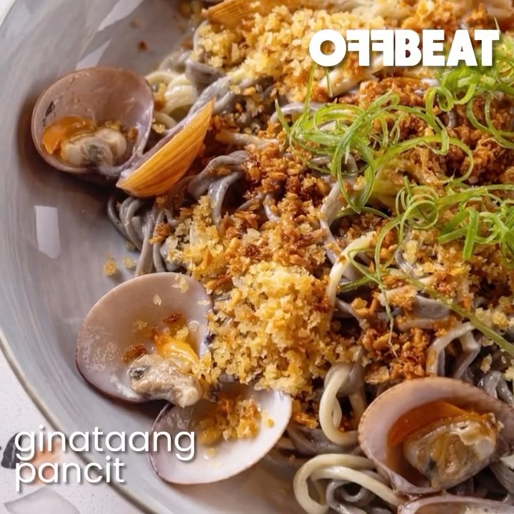 Ginataang Pancit — squid ink noodles with clams and crispy garlic